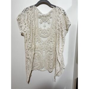 Cream Embroidered Lace Boho Kimono Cardigan M/L Sheer Floral Festival Layer Boho